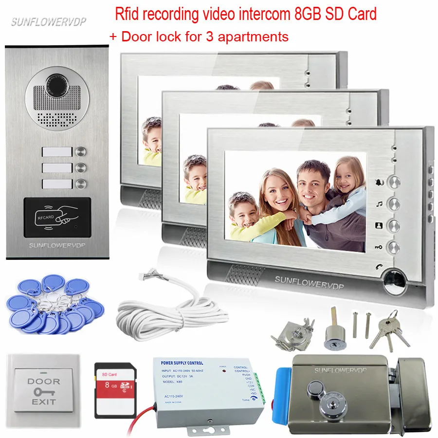 Видеодомофон HD дверной звонок Rfid с камерой 3 кнопки карта памяти 8 Гб монитор