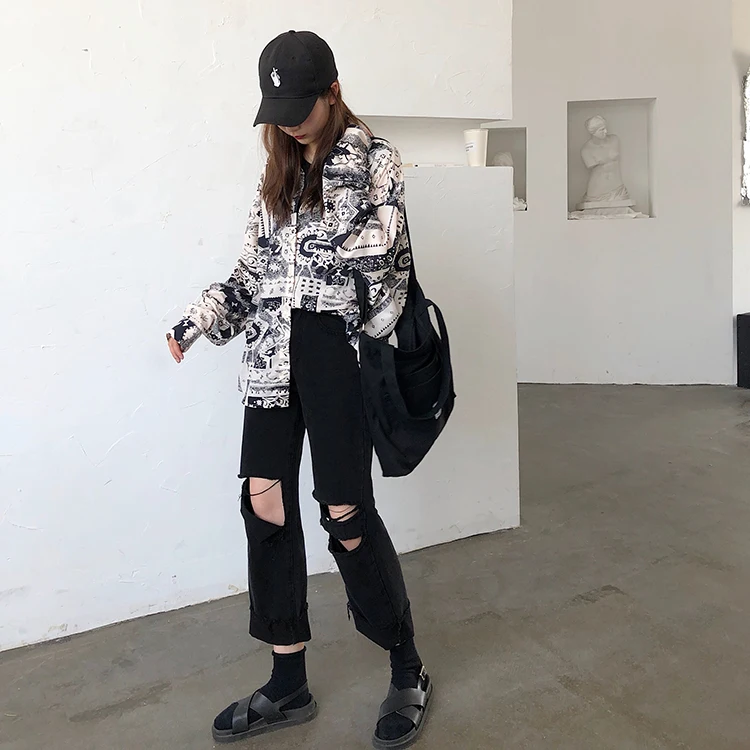 S-xl осенние винтажные стильные женские черные рваные джинсовые брюки повседневные джинсы с высокой талией для женщин прямые брюки(78207