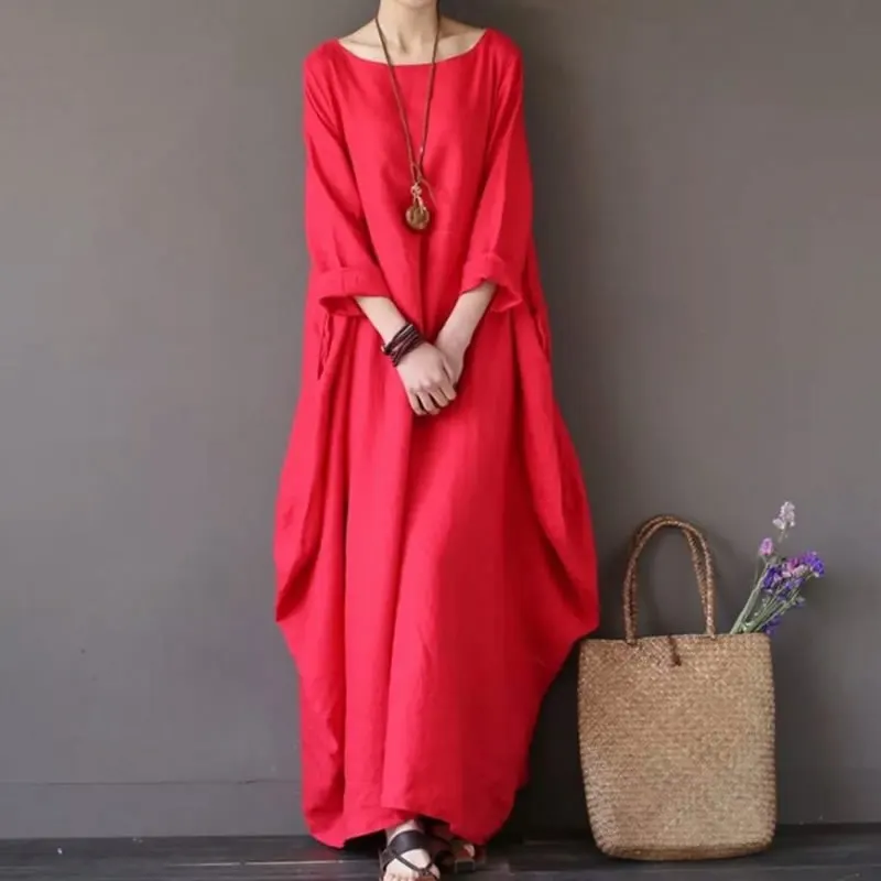 Женское платье Vestidos с длинным рукавом однотонное хлопковое белье свободное