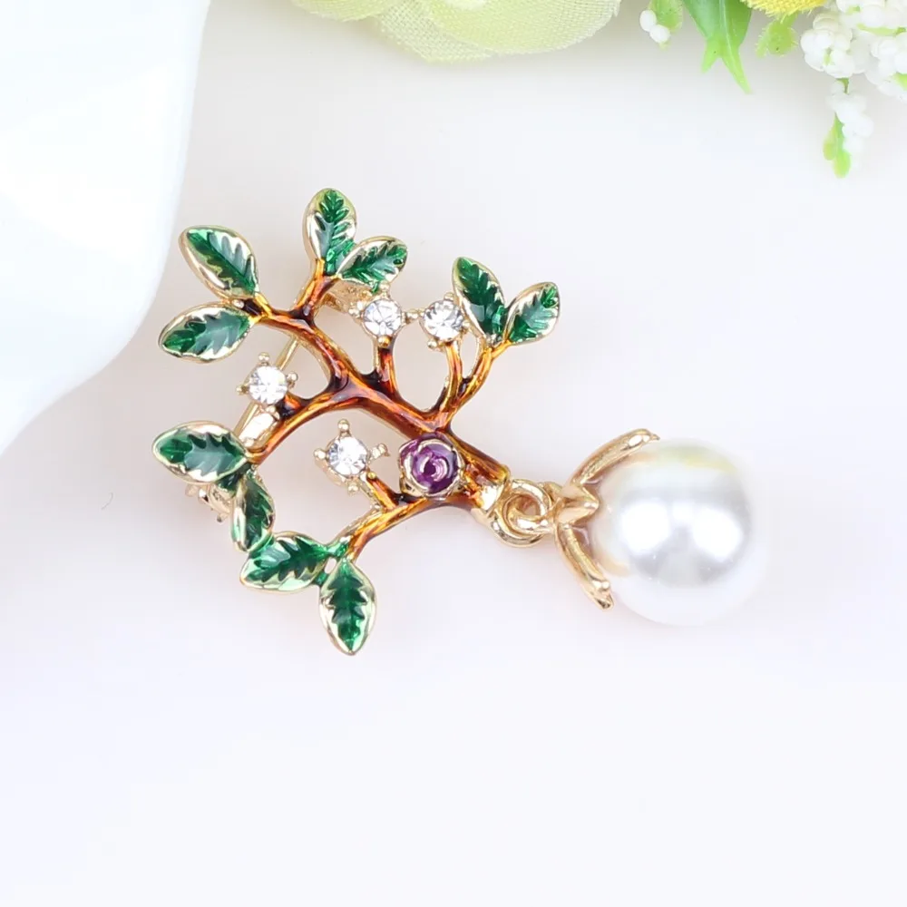 WEVENI Enamel Alloy Tree Leaf Rose Brooches Rhinestone Pearl Scarf Clothes Decoration Pin For Women Lady Girls Novelty Jewelry | Украшения