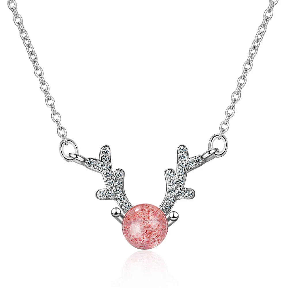 

100% 925 Sterling Silver Trendy Little Christmas Elk Deer Animal Pink Strawberry Quartz Ladies Pendant Necklace Jewelry Chains