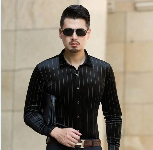 yellow striped Новое поступление, мужские золотые бархатные рубашки, осенние модные полосатые рубашки с длинным рукавом, мужские золотые бархатные рубашки - Цвет: yellow striped