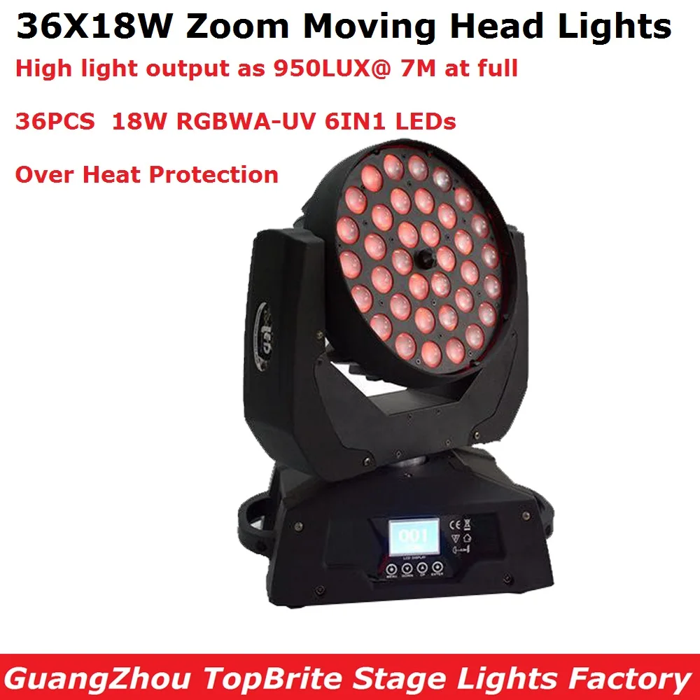 Fast Shipping LED Wash Zoom Moving Head Light 36x18W RGBWA+UV 6IN1 DMX 17 Channels For DJ Disco Party Bar Wedding | Лампы и освещение