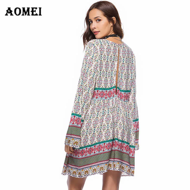 Для женщин oversize-платье Цветочный принт Boho туника для Девочек Глубоким v-образным