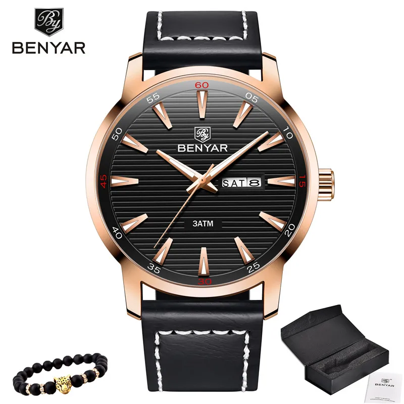 5145-Gold black BENYAR, модные мужские часы, Лидирующий бренд, Роскошные Кварцевые часы для мужчин, спортивные, водонепроницаемые, военные наручные часы для мужчин, s reloj hombre, кожа - Цвет: 5145-Gold black