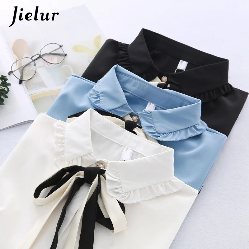 Jielur Kpop Style Women's Shirt Lace-up Solid Color Work Wear Blouse Retro Long Sleeve Womens Tops and Blouses Blusas Mujer S-XL |