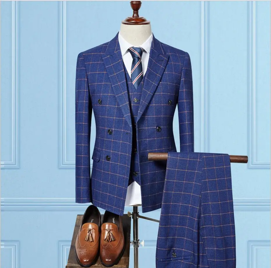 British Style Blue Plaid Men Suits One Button Wedding Groom Tuxedos men bussiness Blazer suits 2017(jacket+pant+vest)