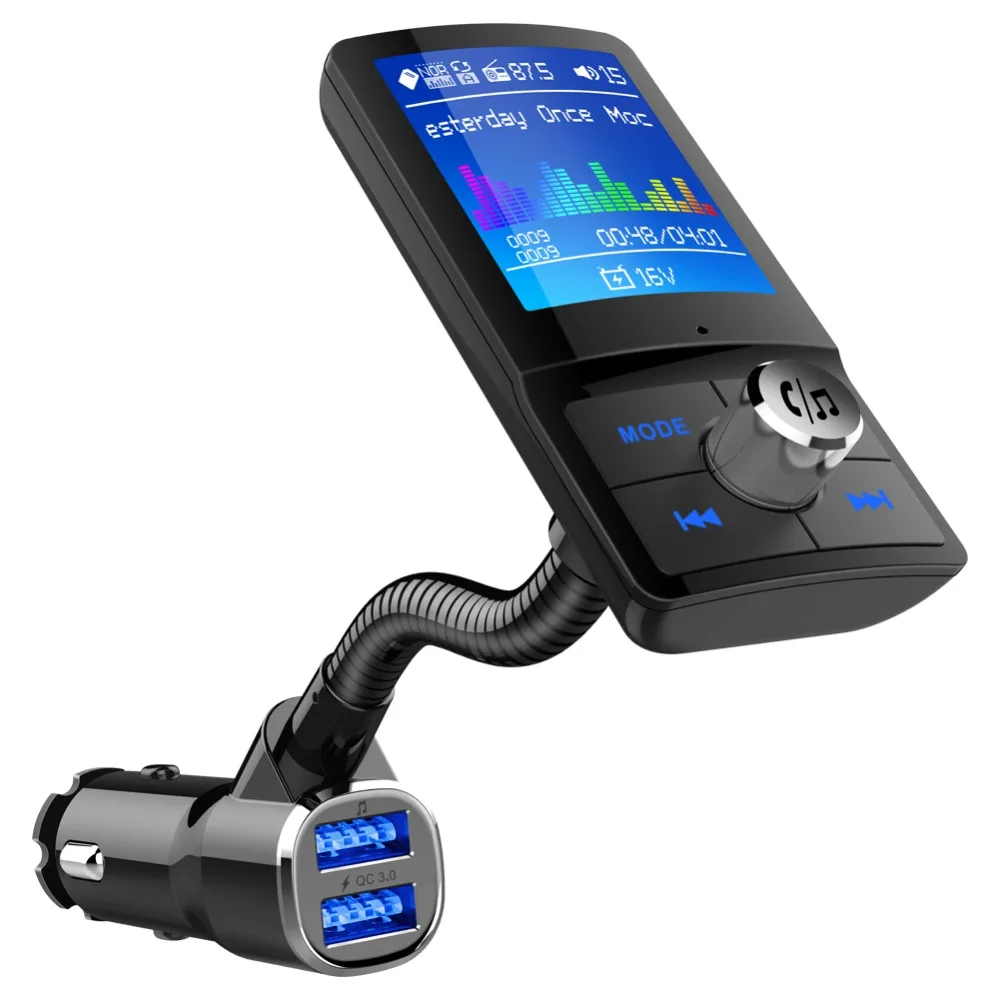 

Konrisa 1.77" Large Screen Bluetooth FM Transmitter Aux Input Handsfree Car Kit MP3 Player QC3.0 Dual USB Port Support TF Card