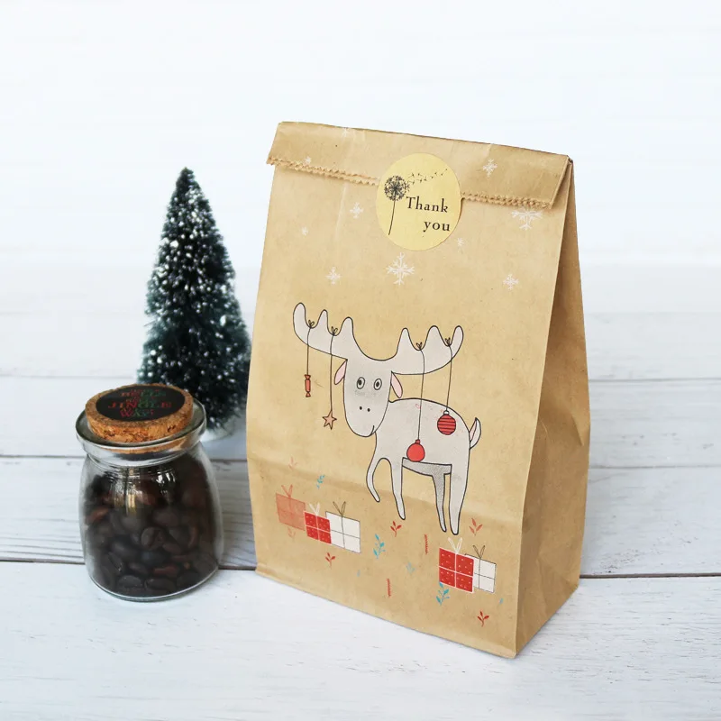 New 12pcs Kraft Paper Fox Moose Snowflake Candy Cookie Gift Bags with Stickers Christmas Party Favors Packaging | Дом и сад