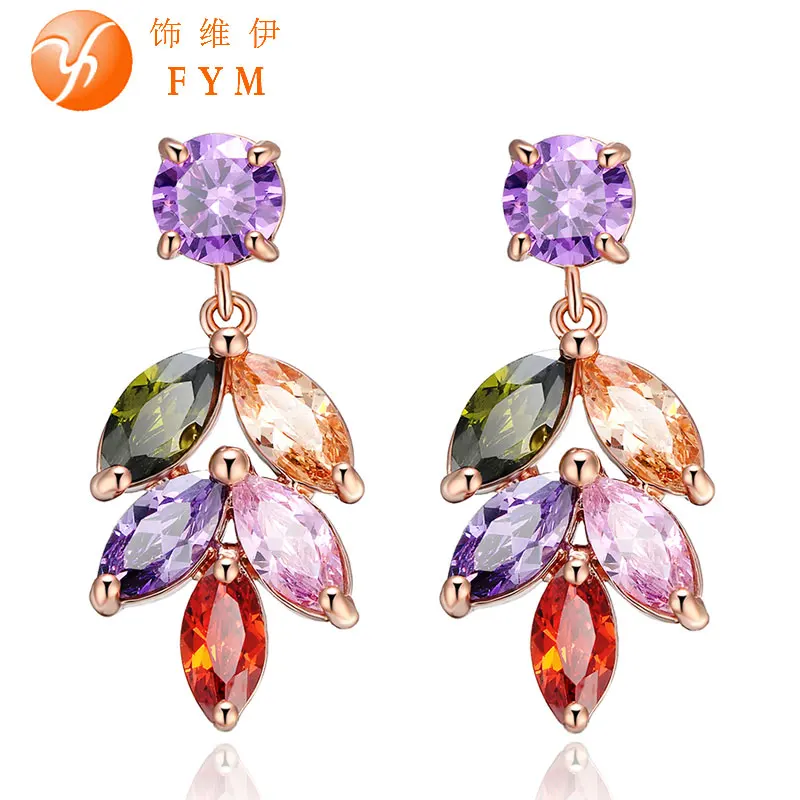 

FYM Luxury Trendy Colorful Crystal Drop Earrings Rose Gold Color Leaves Flower Cubic Zircon Fashion Jewelry Earring for Women