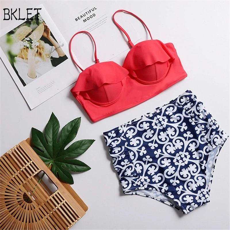 

2018 New Halter Ruffle Swimwear Flouncing High Waist Swimsuit Bikini Set Flower Leaves Print Women Bathing Beach Swiming Suit