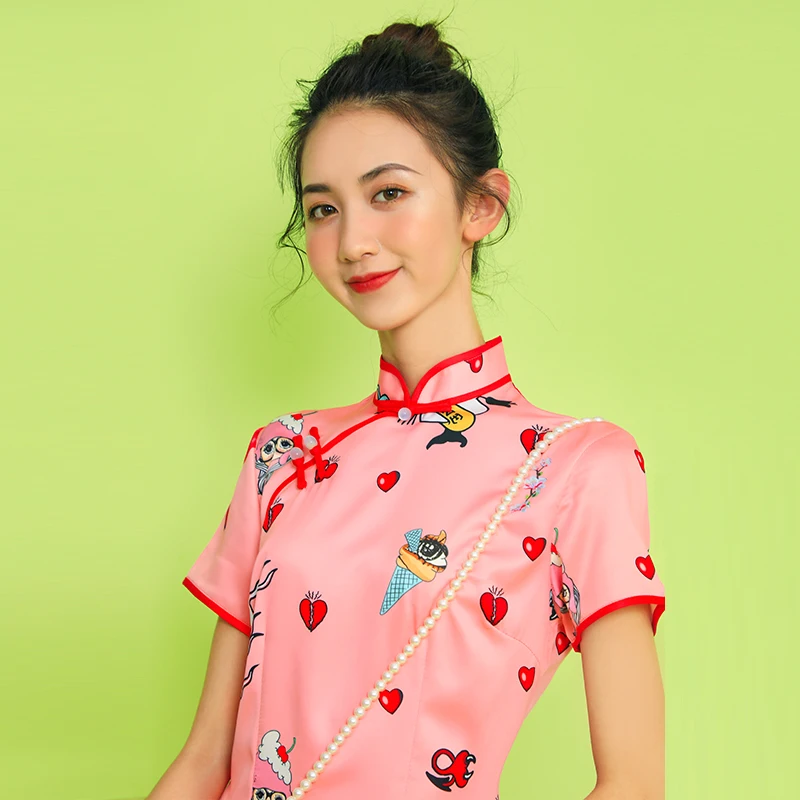 SWEETXUE розовый китайский Стиль улучшенная Cheongsam модное мини-платье 2019 Сезон лето