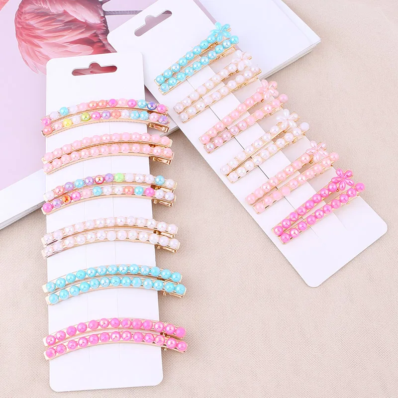 2pcs/set Pearl Flower Hair Clips Alligator Duckbill Long Hairpins Barrettes Candy Rainbow Color Hair Accessories for Women Girls