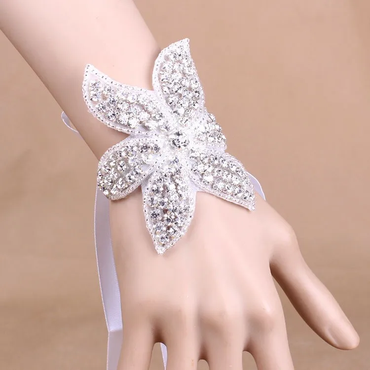 

Bridal Applique Wedding Decoration Bracelet Hand Chain White Rhinestone Crystal Handmadeluxury Rose Flowers Hand Jewelry