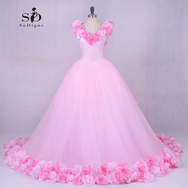 

Wedding Dress Princess Luxury Pink Flowes Bridal Gown Romantic Lace-up Ball Wedding Gowns Newest Coming Tulle Gown