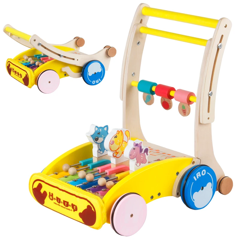 

Multifunctional Fold Cute Baby Wooden Walker With Musical Cartoon Animal, Height & Speed Can Adjust Toddler Carriage