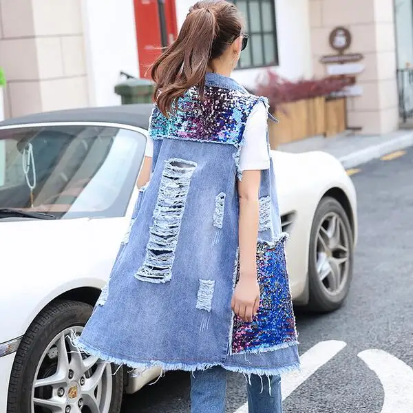 Женский джинсовый жилет с блестками длинный рваный без рукавов модель 3XL DC84 на