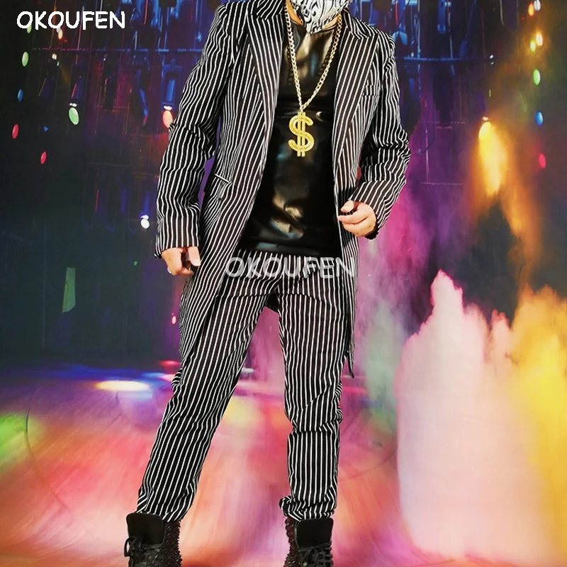 

Fashion black and white pinstripe British long suit Nightclub male singer DS DJ stage show costume accessories