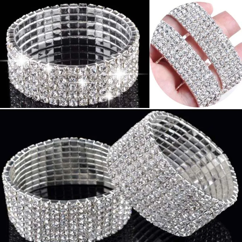 Fashion 4/5/8 Rows Full Crystal Rhinestone Elastic Bracelet Gold Bangle Bling Wristband Women Wedding Bridal Jewelry