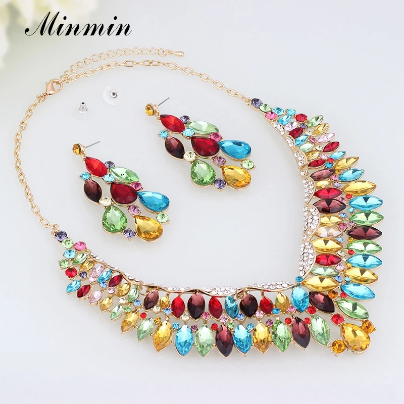 Minmin Наборы свадебных ювелирных изделий для Для женщин Красочные/золото Кристалл