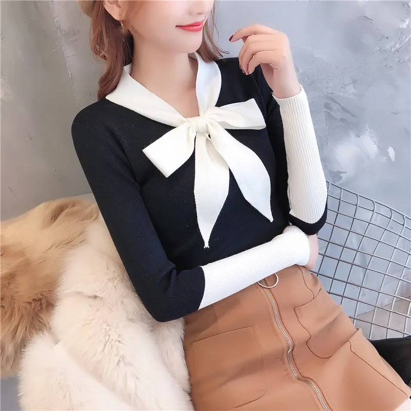Women Long Sleeve Bow Sweater Fashion 2019 Korean Ruffled Collar Pullover Female Slim Knitted | Женская одежда