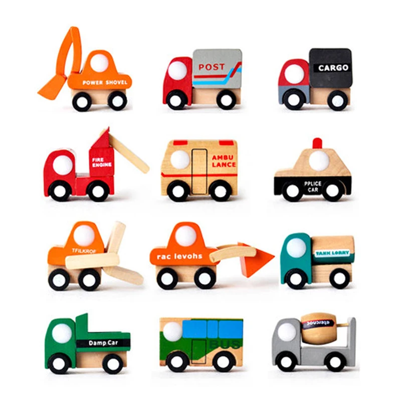 

12pcs wooden creative children's toys mini car Engineering vehicles urban vehicles Car model