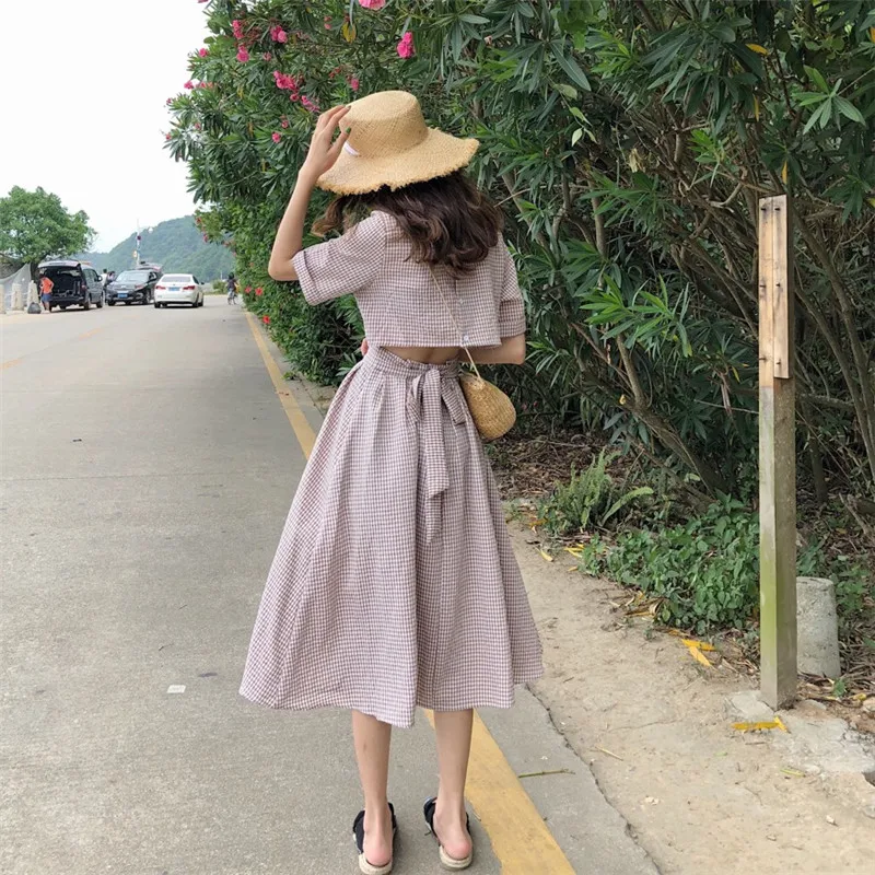 

Женское летнее длинное клетчатое платье с открытой спиной, ТРАПЕЦИЕВИДНОЕ платье с бантом и поясом, облегающее платье, женский сарафан на п...