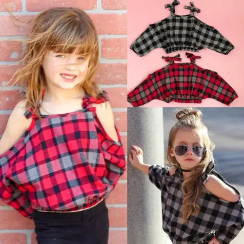 New Style Kid Girls Strap Plaid T-shirt Off Shoulder T-Shirt Infant Outfit Children Casual T Shirt Clothes Spring Tops Age 0-5Y | Детская