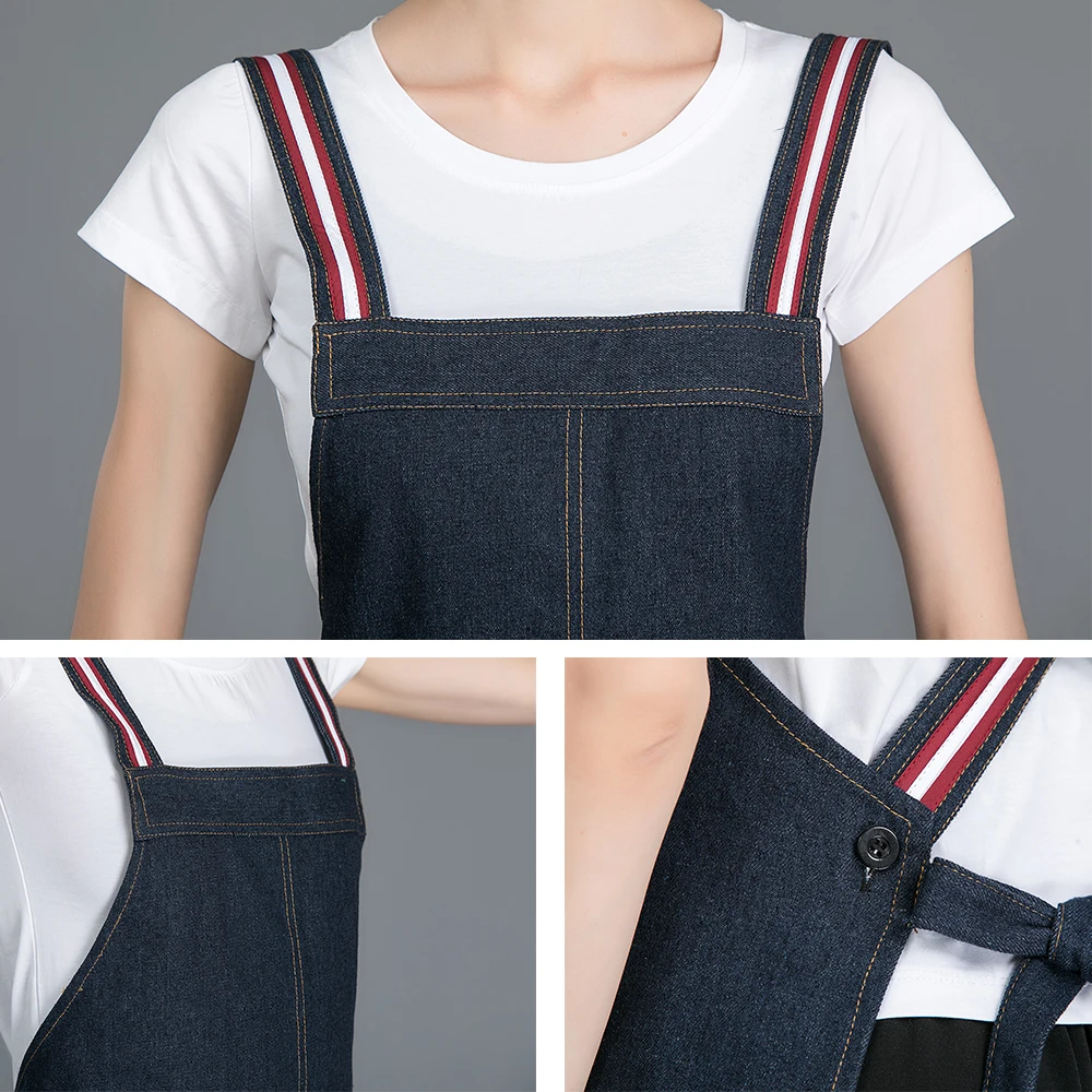 

New Denim Stripe Apron with Pocket Hanging Neck Women Men Kitchen Hotel Coffee Shop Bakery Chef Waiter Cleaning Work Wear Aprons