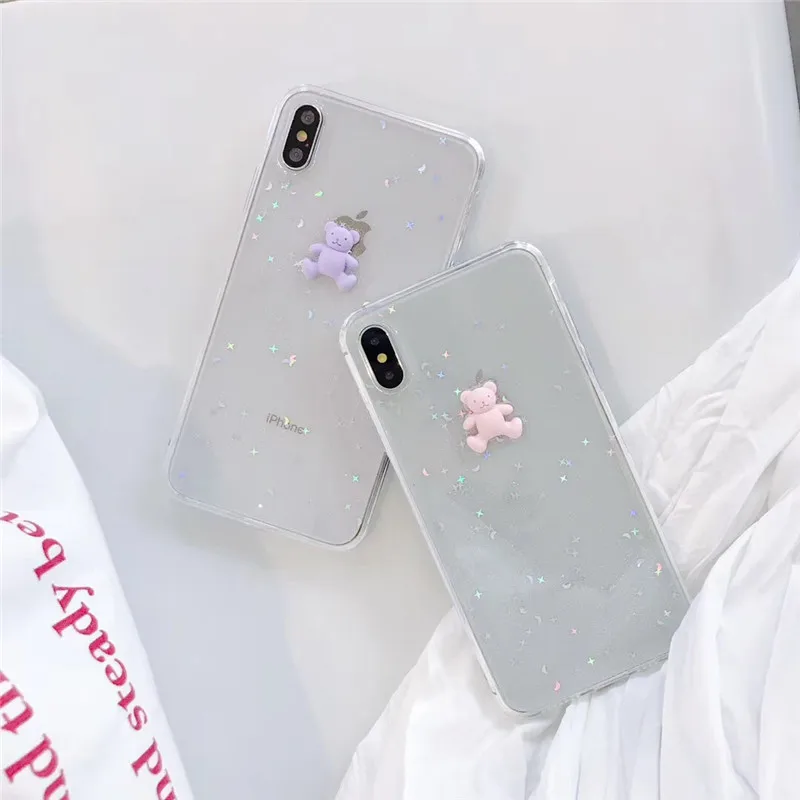 Transparent sequins stars bears phone case For iphone 6 6s 7 8plus luxury hard shell X XS MAX XR back cover |