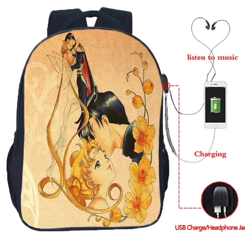 

Beautiful Sailor Moon Rucksack Tsukino Usagi Girls Women Students Back to College Mochila USB Charging School Beautiful Backpack