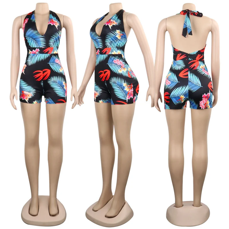 

Womens Sexy Sleeveless Leaves Print Deep V-Neck Lace Up Romper Jumpsuit Bodycon