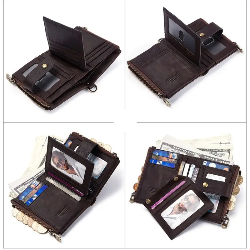 Стиль для мужчин и женщин RFID Блокировка Натуральная кожа Двойные молнии монета карман кошелек с противоугонной цепью