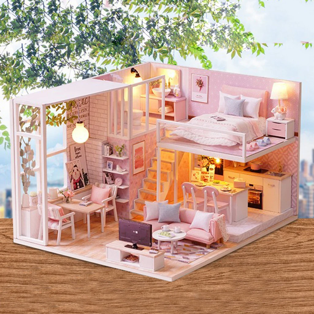 1/24 DIY Миниатюрный розовый дуплексный набор для кукольного дома детей 6