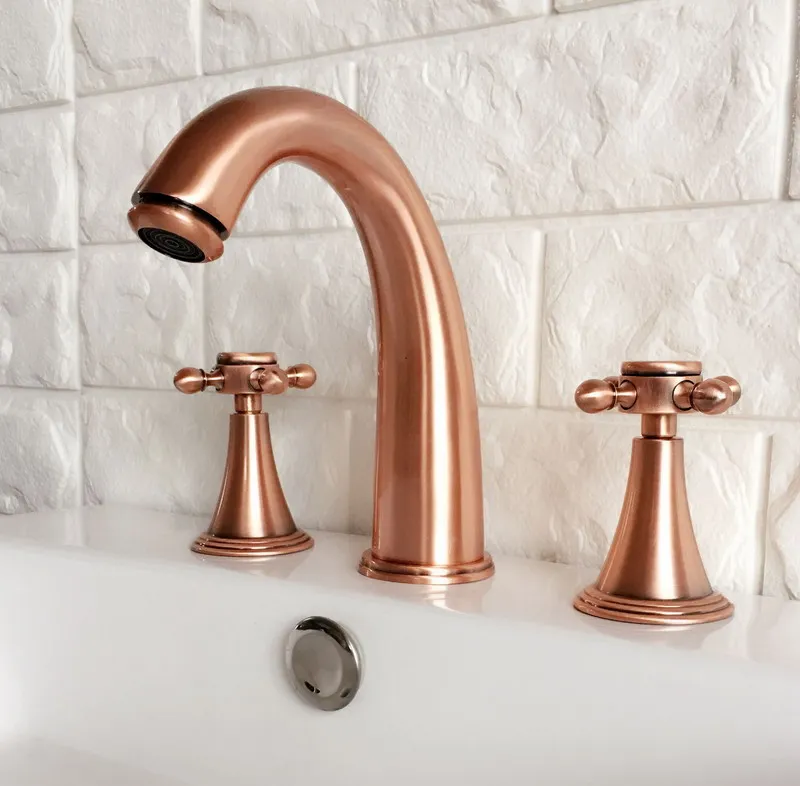 

Antique Red Copper Brass Deck Mounted Dual Cross Handles Widespread Bathroom 3 Holes Basin Faucet Mixer Water Taps mrg038