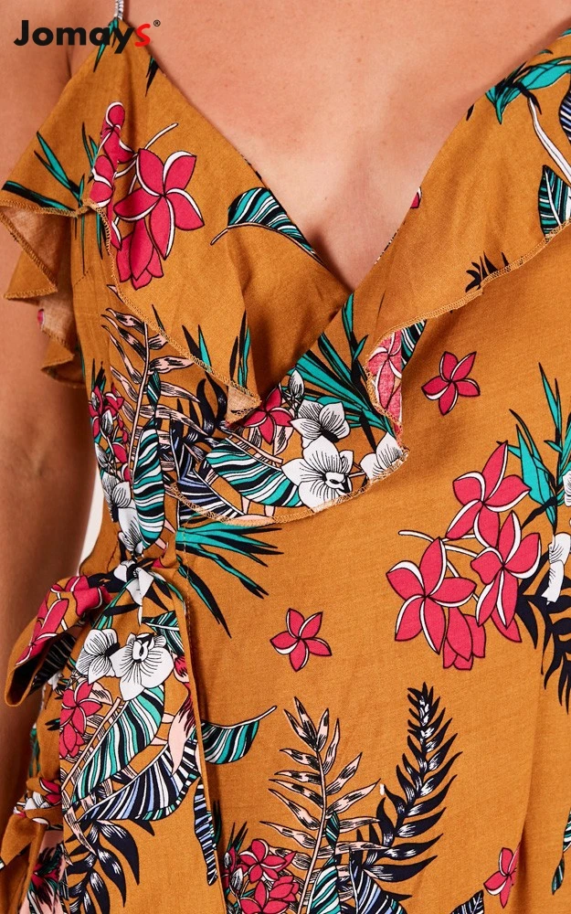 

Women Summer V Neck Ruffles Floral Print Long Dress Spaghetti Strap Casual Sleeveless Sexy Vestido