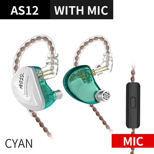 cyan mic Новинка KZ AS12 6BA наушники-вкладыши Hi-Fi спортивные мониторные наушники с шумоподавлением наушники-вкладыши AS16 AS10 AS06 ZS10 PRO ZSX C16 C12 - Цвет: cyan mic
