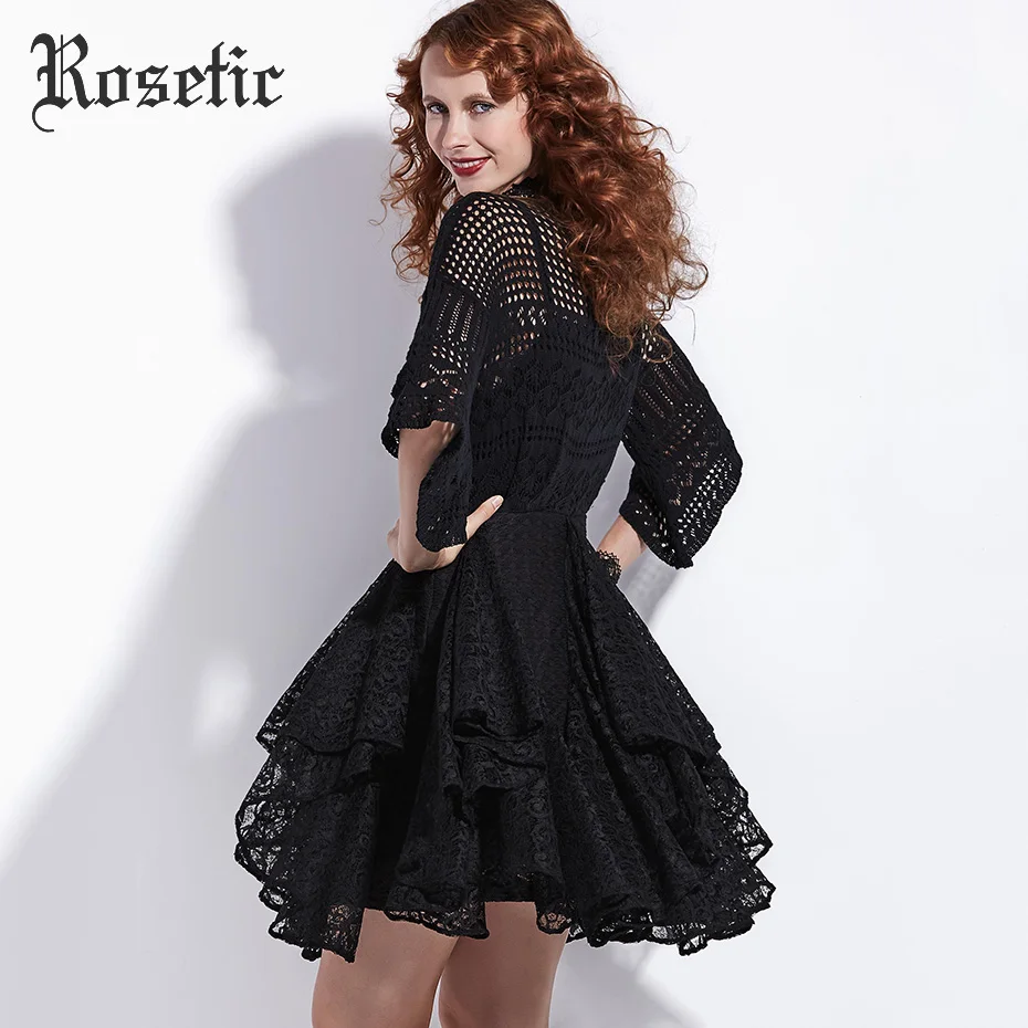 Rosetic Gothic Dress Women Black Summer A-Line Lace Hollow Flare Sleeve Double Casual Party Fashion Sexy Goth Female Dresses | Женская