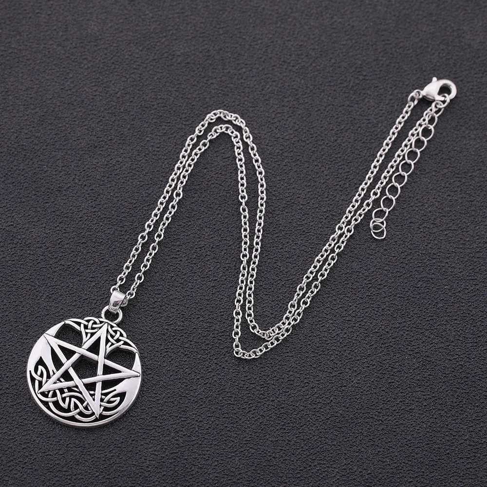 LIKGREAT Vintage Pentagram Round Pendant Necklace Celtics Knot Wicca Jewerly Hollow Pentacle Accessories Amulet Necklace