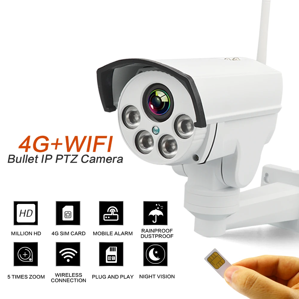 Камера видеонаблюдения водонепроницаемая 4G 3G PTZ IP 5X зум HD 1080P SIM ИК 50 м ночное