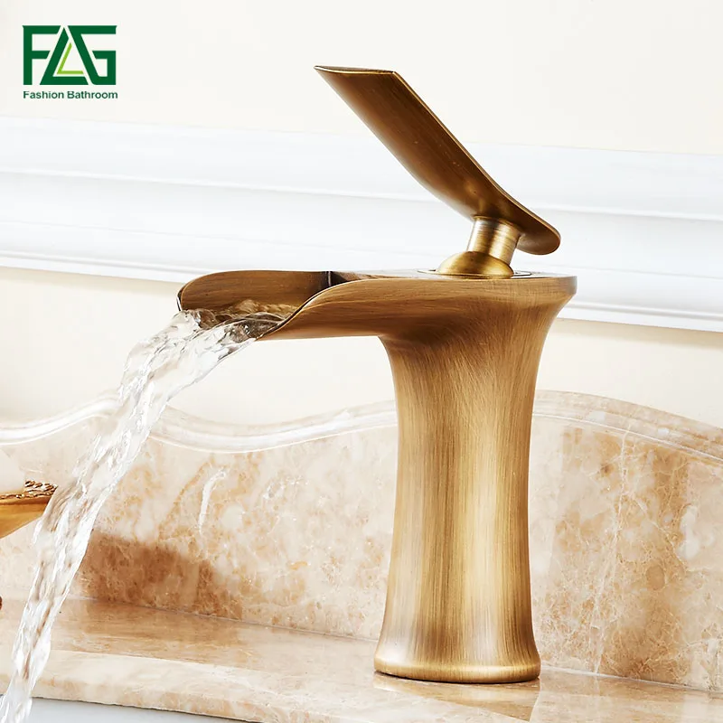 

FLG Basin Faucets Waterfall Bathroom Faucet Single handle Basin Mixer Tap Bath Antique Faucet Brass Sink Water Crane