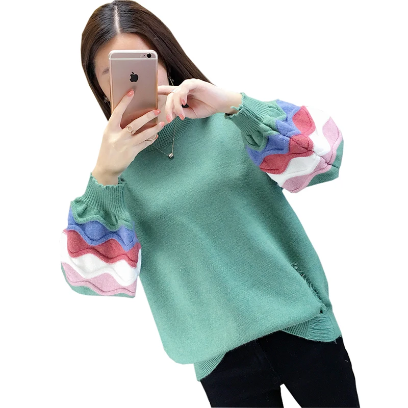 

Autumn Winter Women Pullovers Sweater Fashion Patchwork Loose O-neck Lantern Sleeve Tops Female Knitted Jumper Sweaters FP1415
