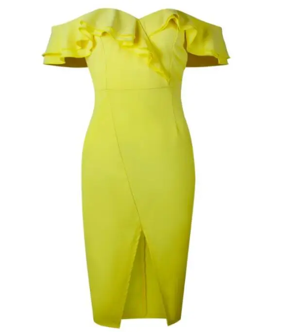 0687 Yellow Dress Сексуальная Клубная одежда летнее платье гофрированное с разрезом желтое Vestidos с рукавом-бабочкой облегающее белое миди летнее вечернее платье - Цвет: 0687 Yellow Dress