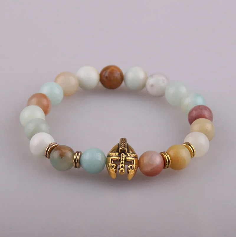 MOODPC Fashion Women Dress Armband 8mm Amazonite Natural stone Antique Gold Roman Warrior Gladiator Helmet Bracelet | Украшения и