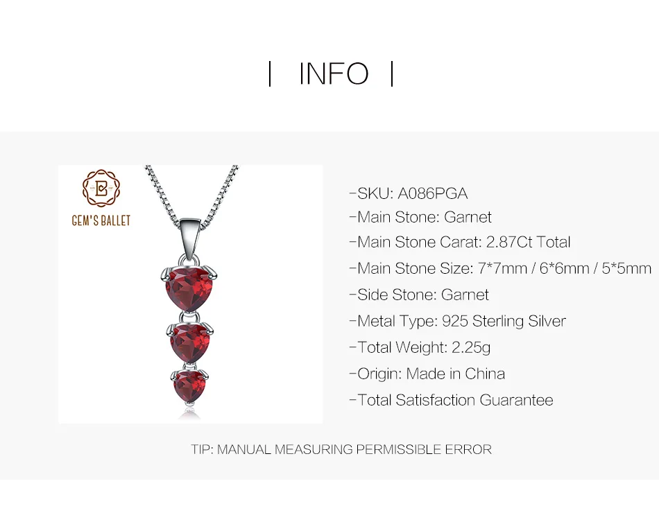 GEM'S BALLET 2.87Ct натуральный красный гранат драгоценный камень кулон подлинное 925 пробы Серебряное сердце ожерелье для женщин Свадебные ювелирные изделия