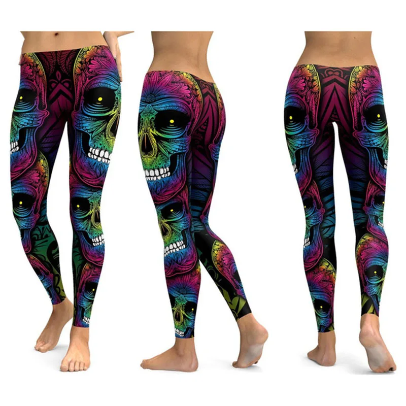 TQSKK Yoga Pants Women Sports Fitness Running Skull Leggings Sexy New Arrival Gym Wear Elastic Slim Workout | Спорт и развлечения
