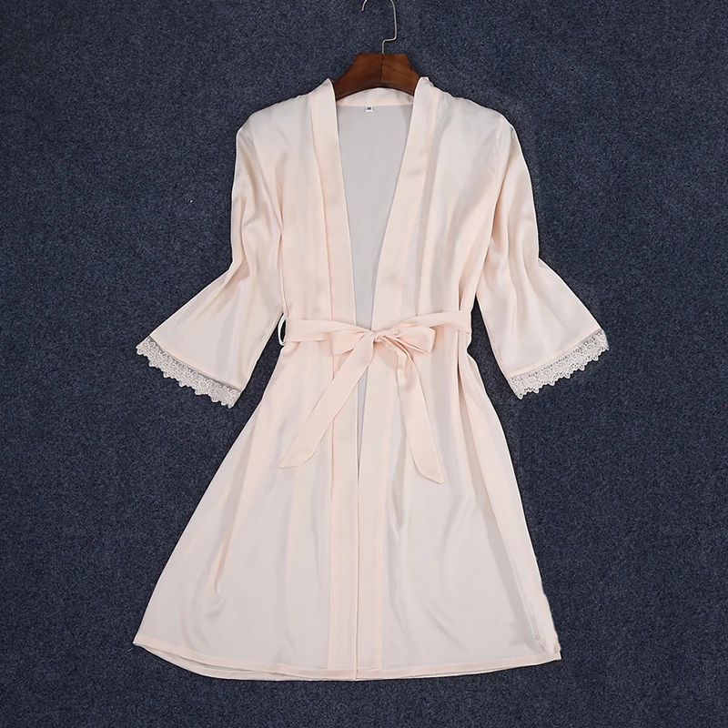 Шелковый полиэстер с коротким рукавом кружевные манжеты однотонные халаты