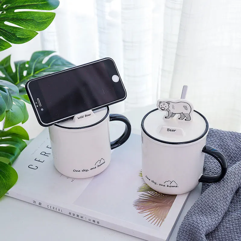 Forest Animal Ceramic Mug Creative Mobile Phone Bracket Cup With Cover Spoon New Student Water Office Gifts | Дом и сад