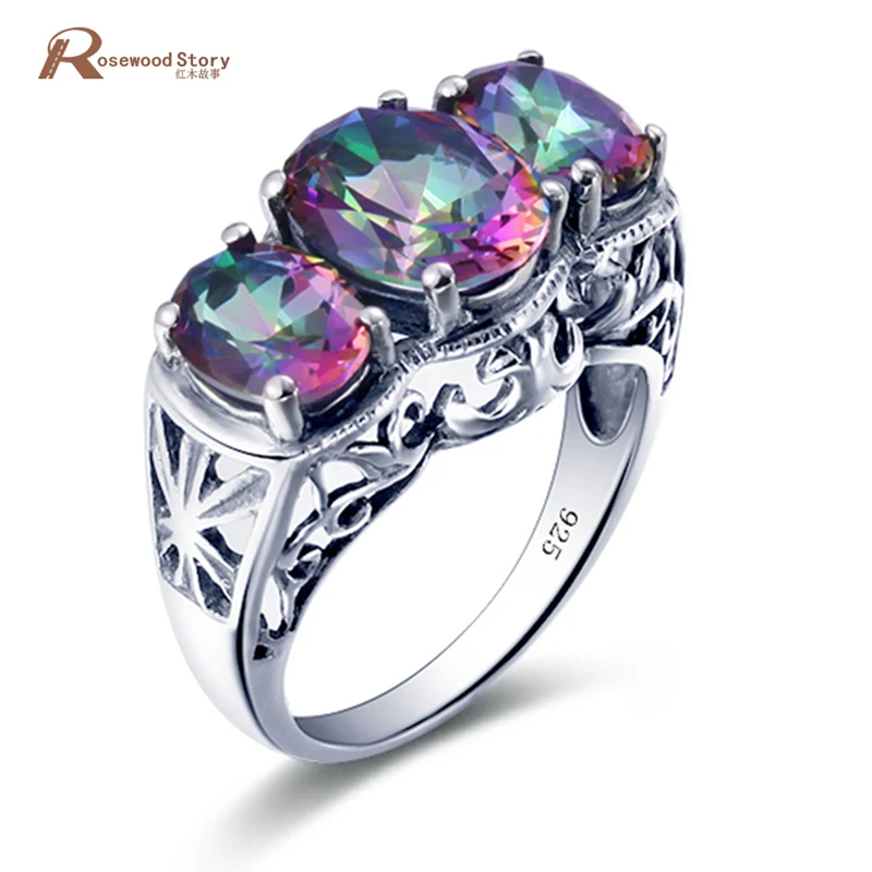 

Solid 925 Sterling Silver Cocktail Ring Rainbow Mystic Oval Topaz Crystal Stone Ring Charm Fashion Women Wedding Party Jewelry