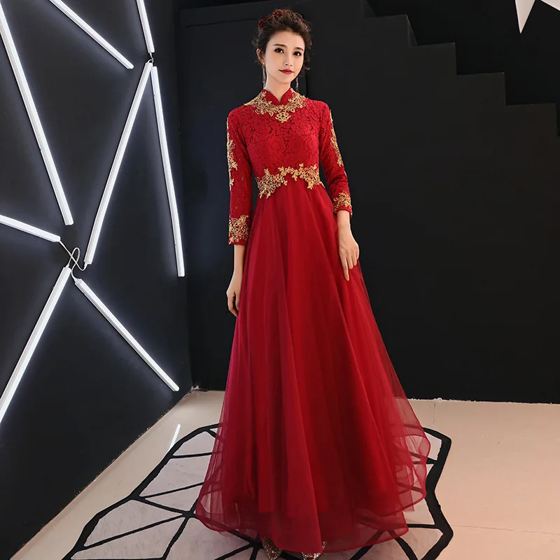 Для беременных женщин Cheongsam невесты Qipao корейский красный длинный живот вечернее платье восточные стильные свадебные платья традиционное платье - Цвет: wine red
